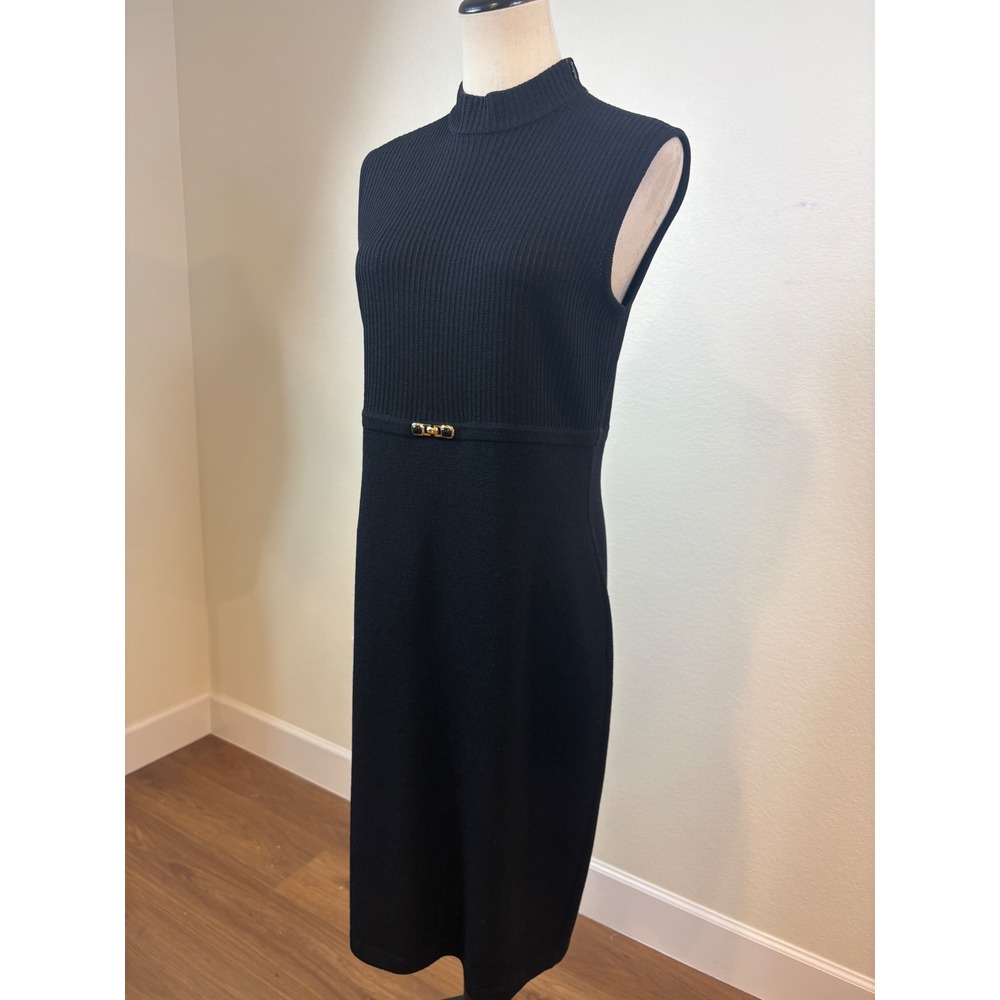 Vintage St. John Knit Dress S Black Santana Mock Neck Ribbed Quiet Luxury chic - Picture 3 of 10